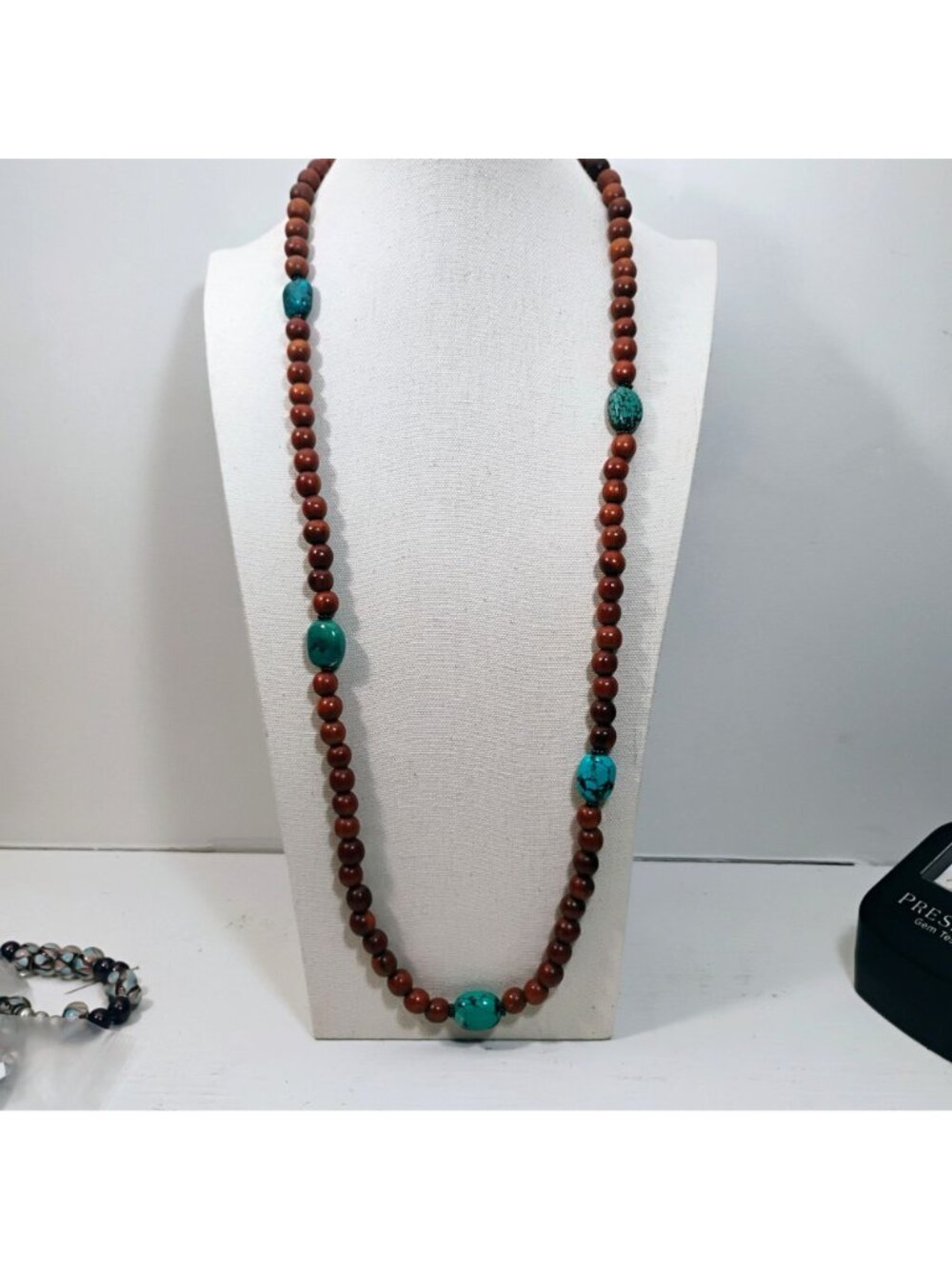 Signed Peyote Bird Designs Turquoise Nugget & Wood Bead Extra Long Necklace 36" - Picture 10 of 10